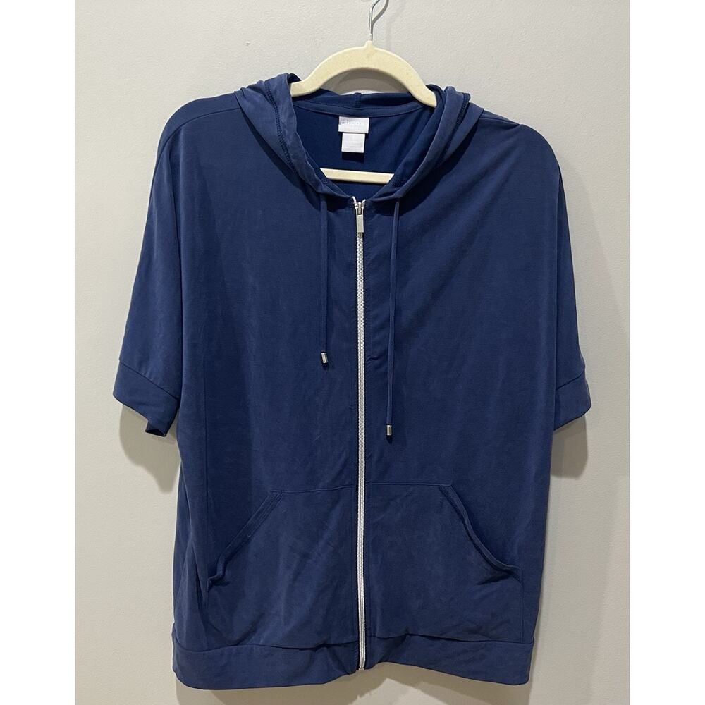 CHICO’S ZENERGY Short‎ Sleeve Size 1 Medium Gray Blue Sandwashed Hoodie/Jacket